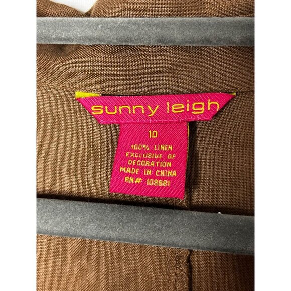Sunny Leigh Vintage Hi-Low 100% Linen Western‎ Style Midi Dress Brown Belted 10 - Picture 6 of 10